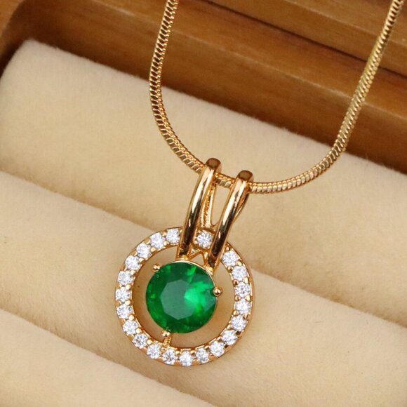 "Round Green Pendant with Halo Stones in Gold Finish for Elegant Look, XPPT1714 - Picture 1 of 13